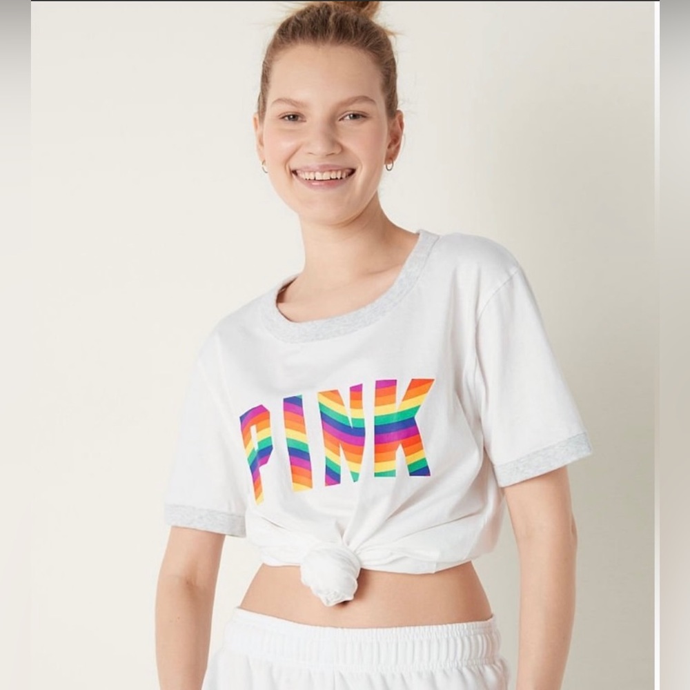 NWT Pink Pride Campus Ringer Shirt White w/ Multicolor Lettering